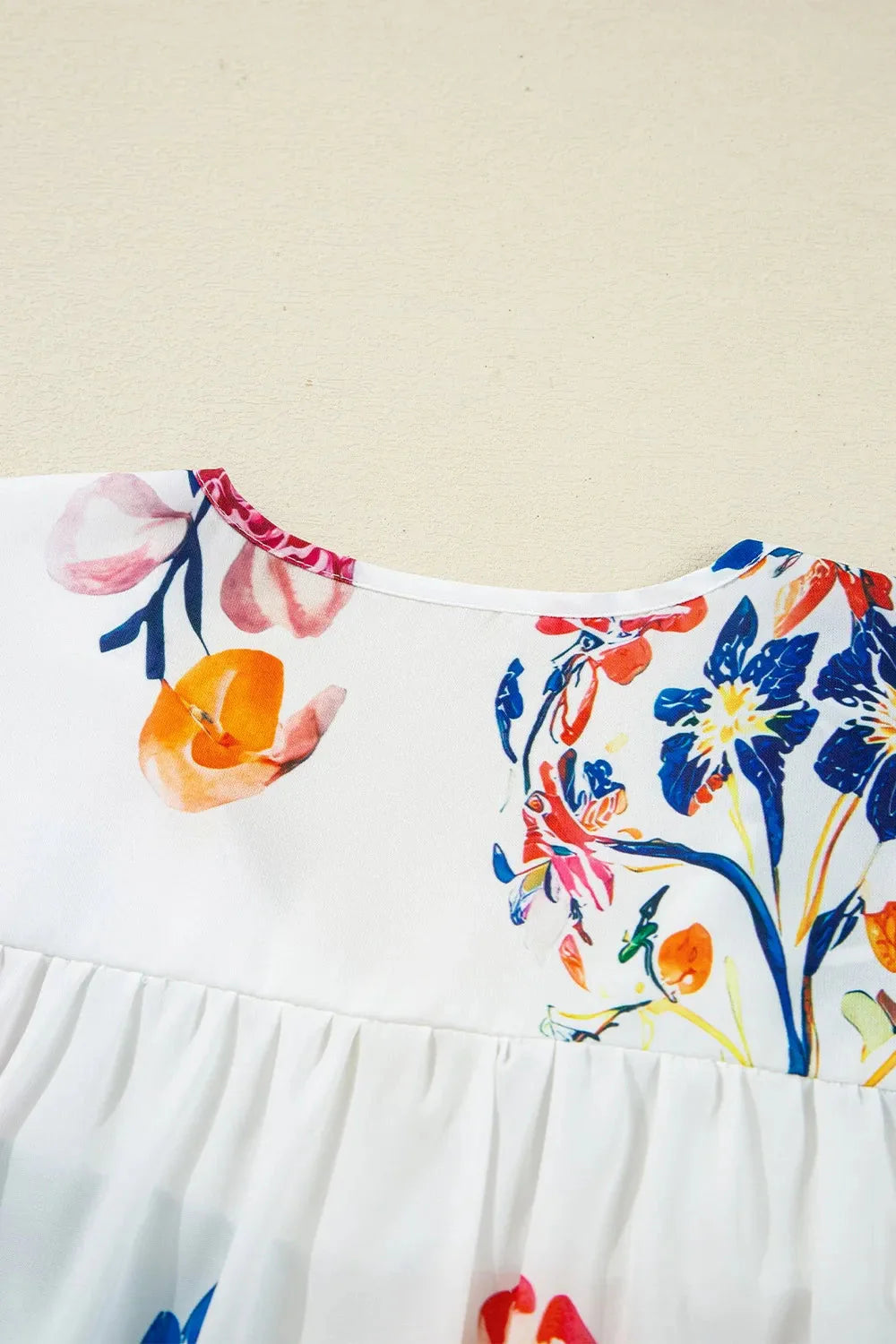 Bloom Printed 3/4 Sleeve Tie Neck Tassel Boho Blouse