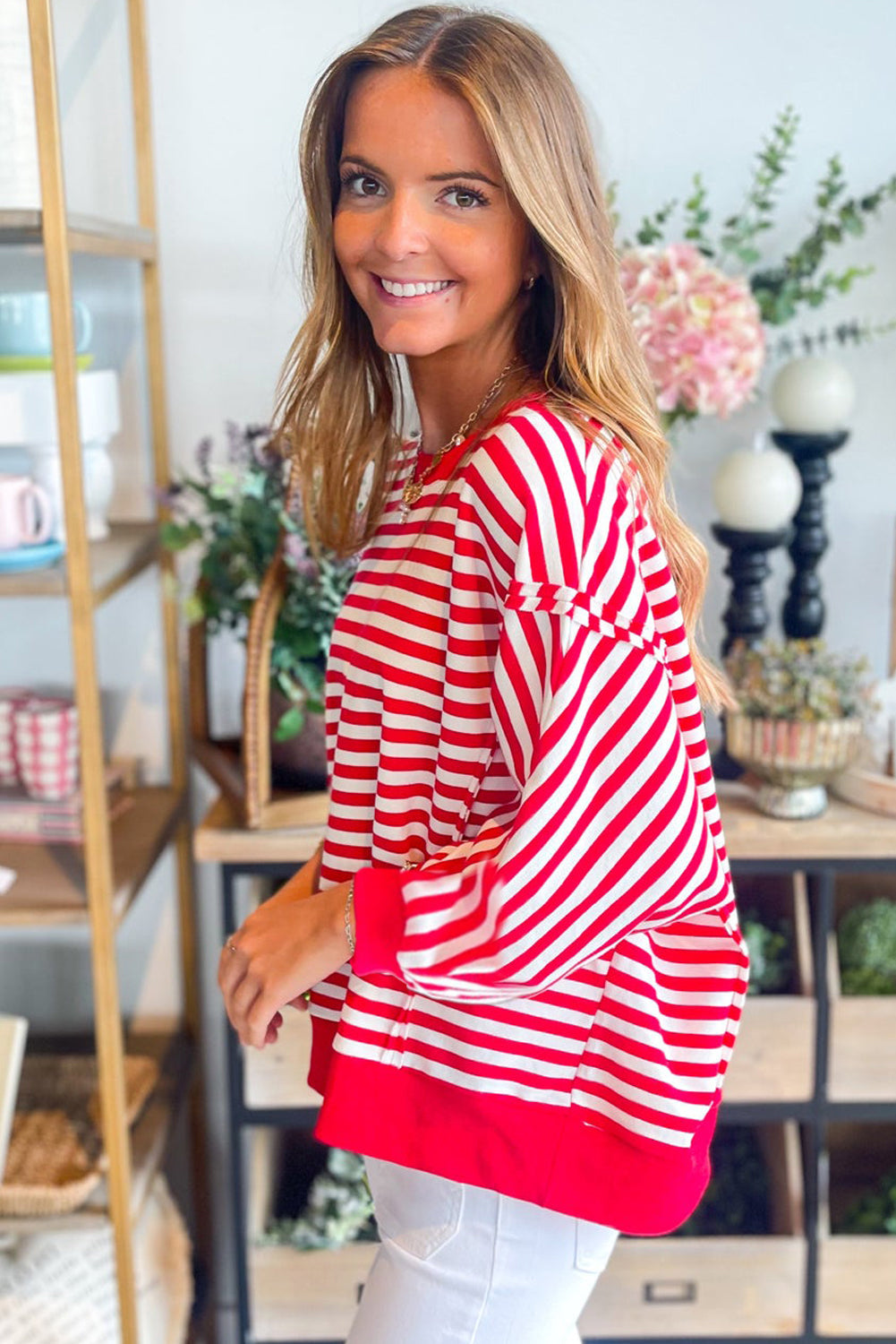 Red Striped Exposed Seam Drop Shoulder Long Sleeve Top