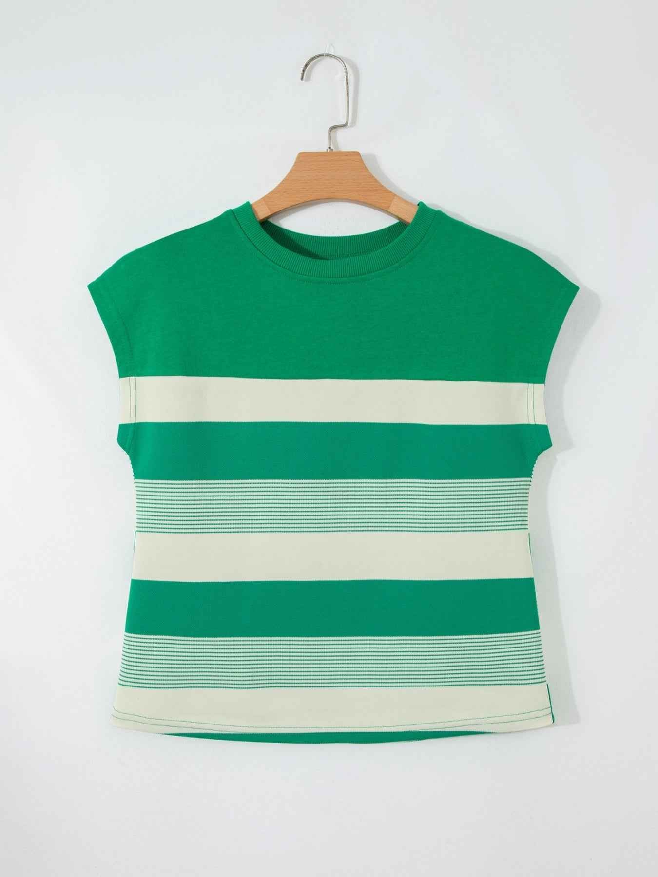 Stripe Mixed Print Crew Neck Cap Sleeve T Shirt