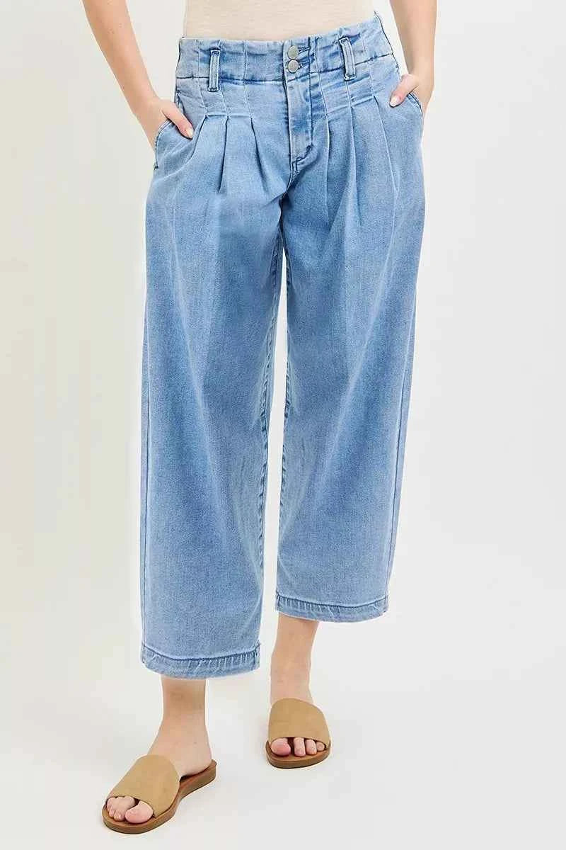 RISEN Slouchy Crop Barrel Pleated Jeans