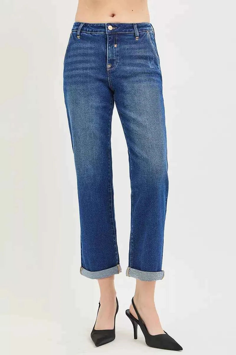 Slouchy Cropped Boyfriend Jeans with Cuffed Hem by Risen