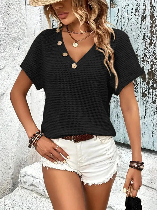 Textured Knit Womens V Neck T Shirt