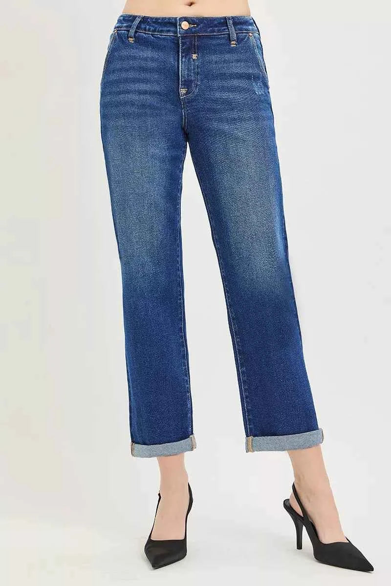 Slouchy Cropped Boyfriend Jeans with Cuffed Hem by Risen