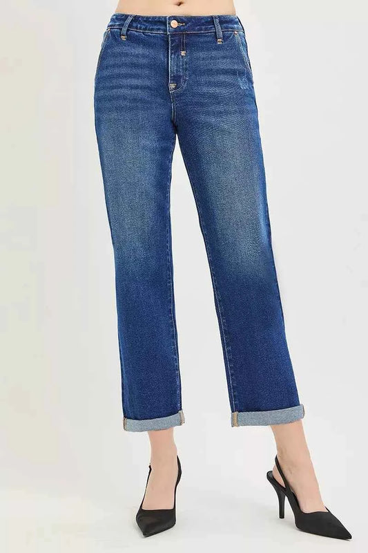 Slouchy Cropped Boyfriend Jeans with Cuffed Hem by Risen
