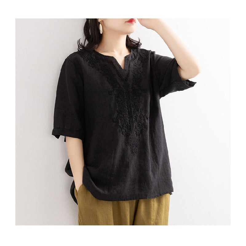 Embroidered Cotton Linen Blend Solid Color T-Shirt