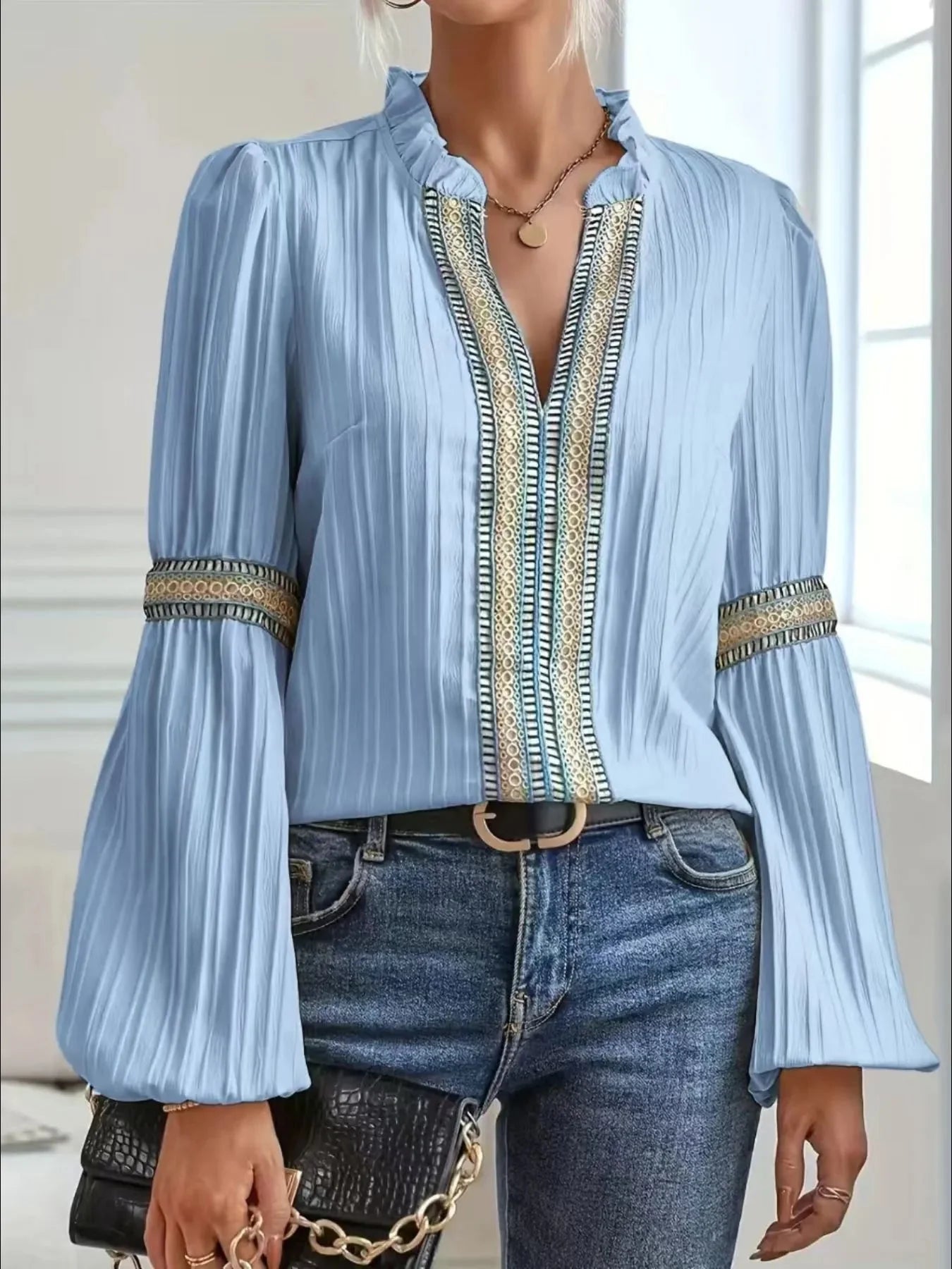 Textured Notched Balloon Sleeve Elegant Blouse