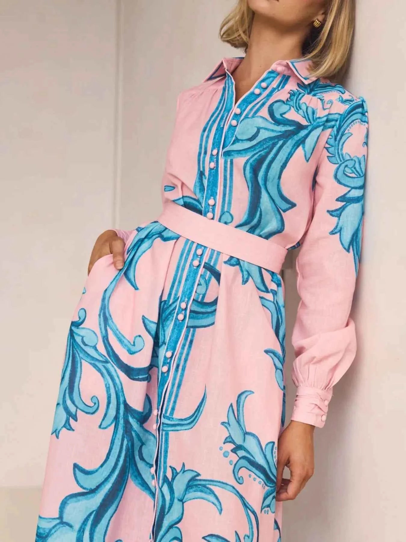 Printed Button Down Belted Shirt Dress