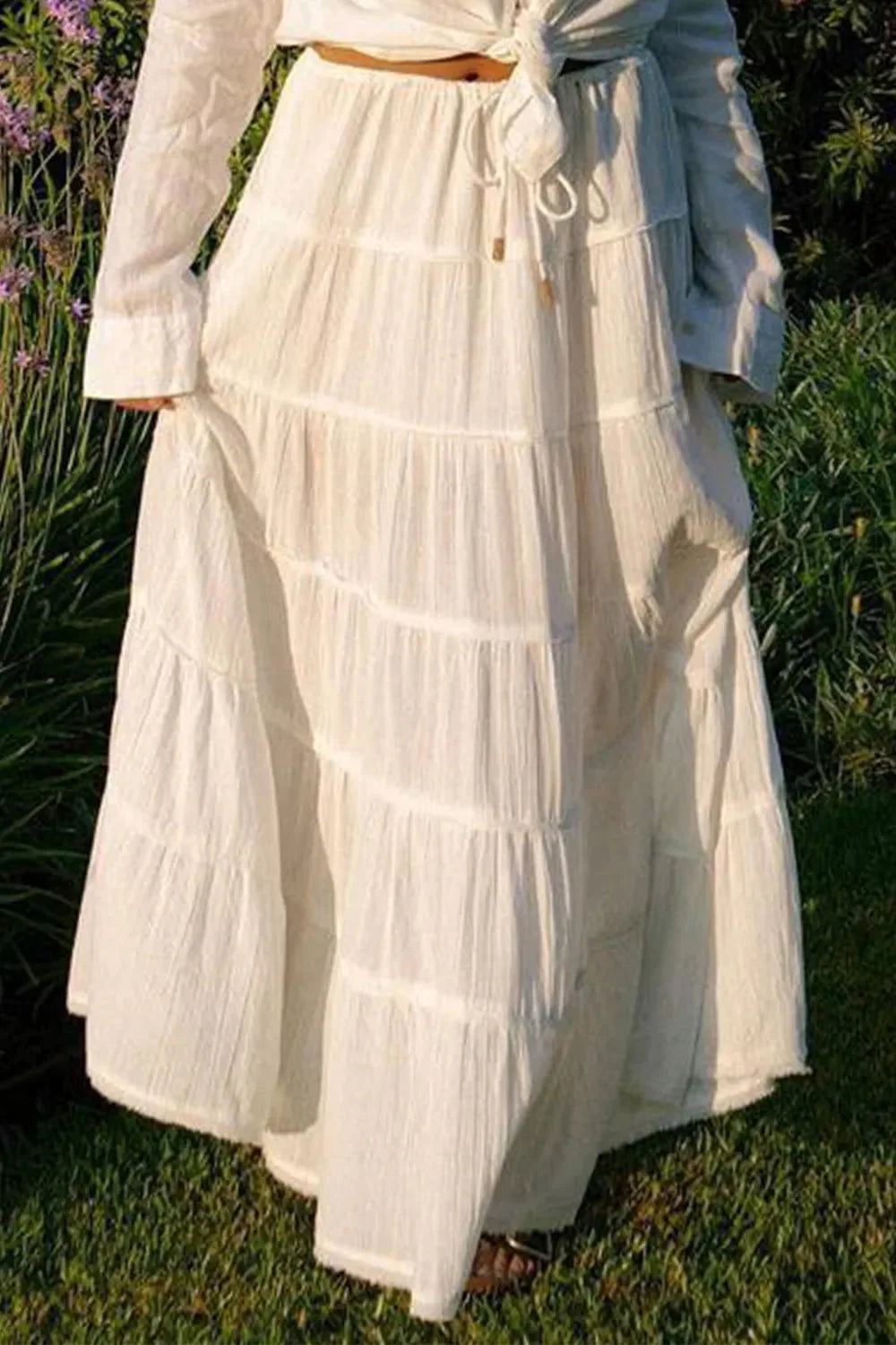 Boho Tiered Maxi Skirt with Drawstring Waist