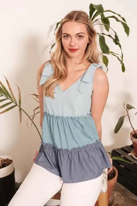 Lime 'N' Chili Full Size Color Block V-Neck Baby Doll Sleeveless Top Plus Size