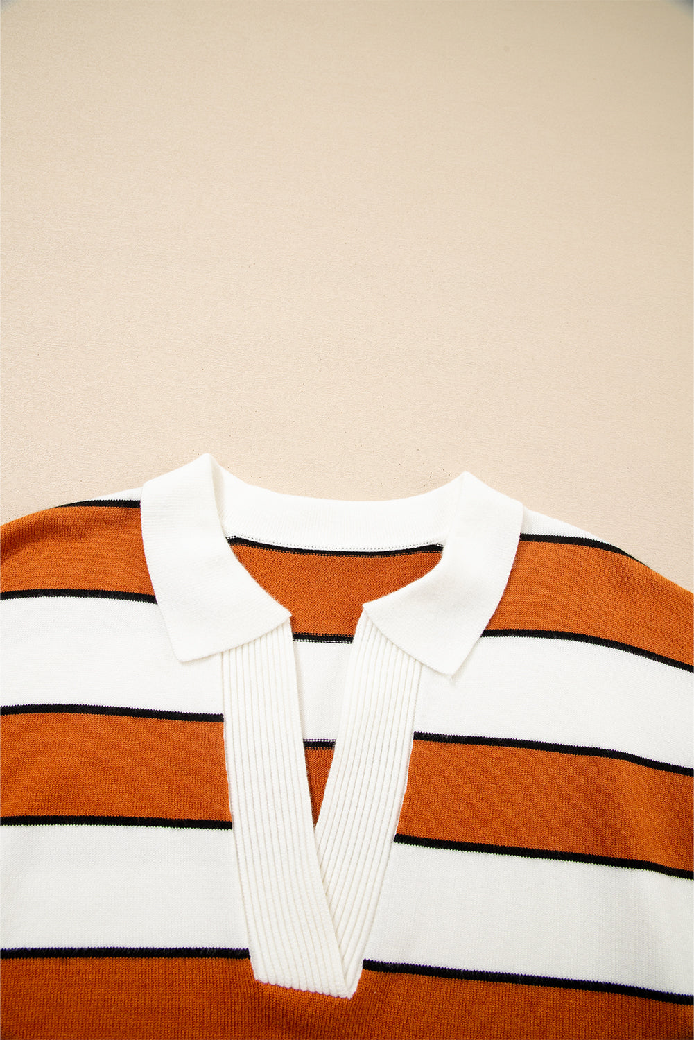 Stripe Ribbed Polo Collar Drop Shoulder Sweater