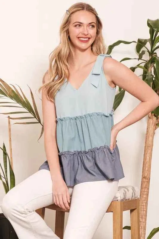 Lime 'N' Chili Full Size Color Block V-Neck Baby Doll Sleeveless Top Plus Size