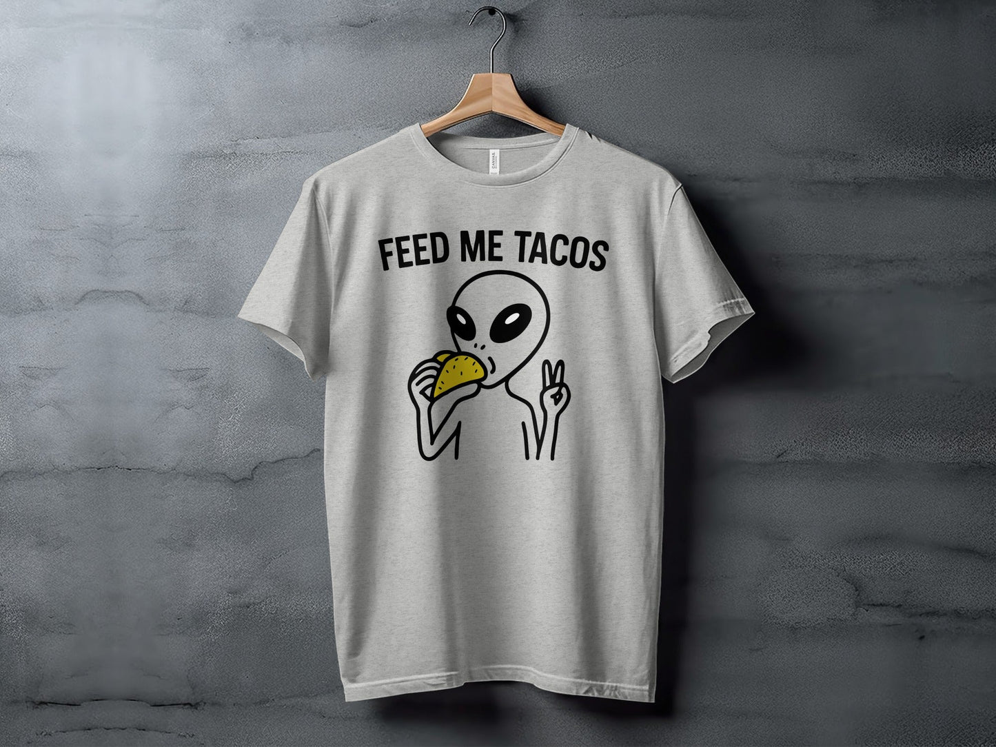 Feed Me Tacos Alien with Peace Sign Funny T-Shirt