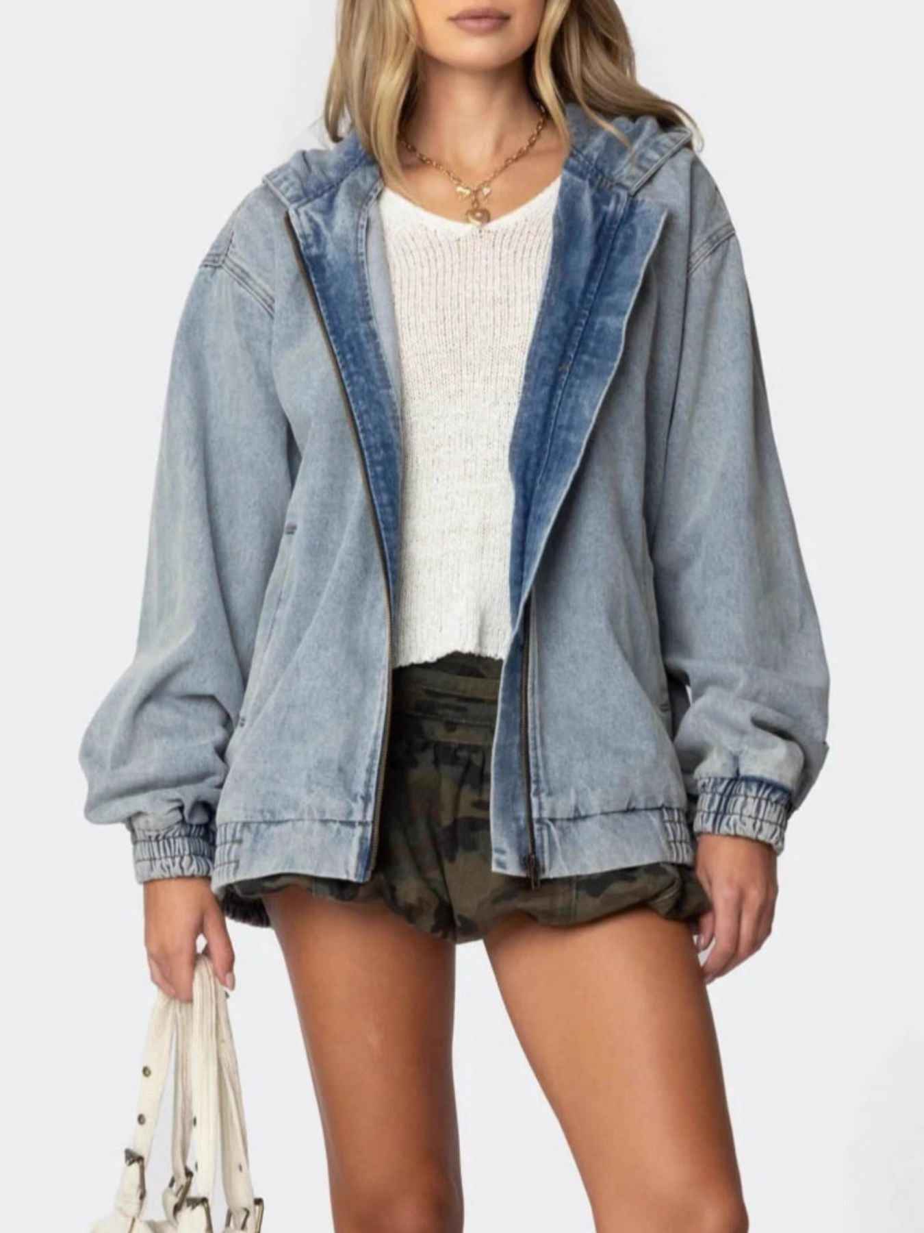 Hooded Oversized Zip Up Denim Jacket