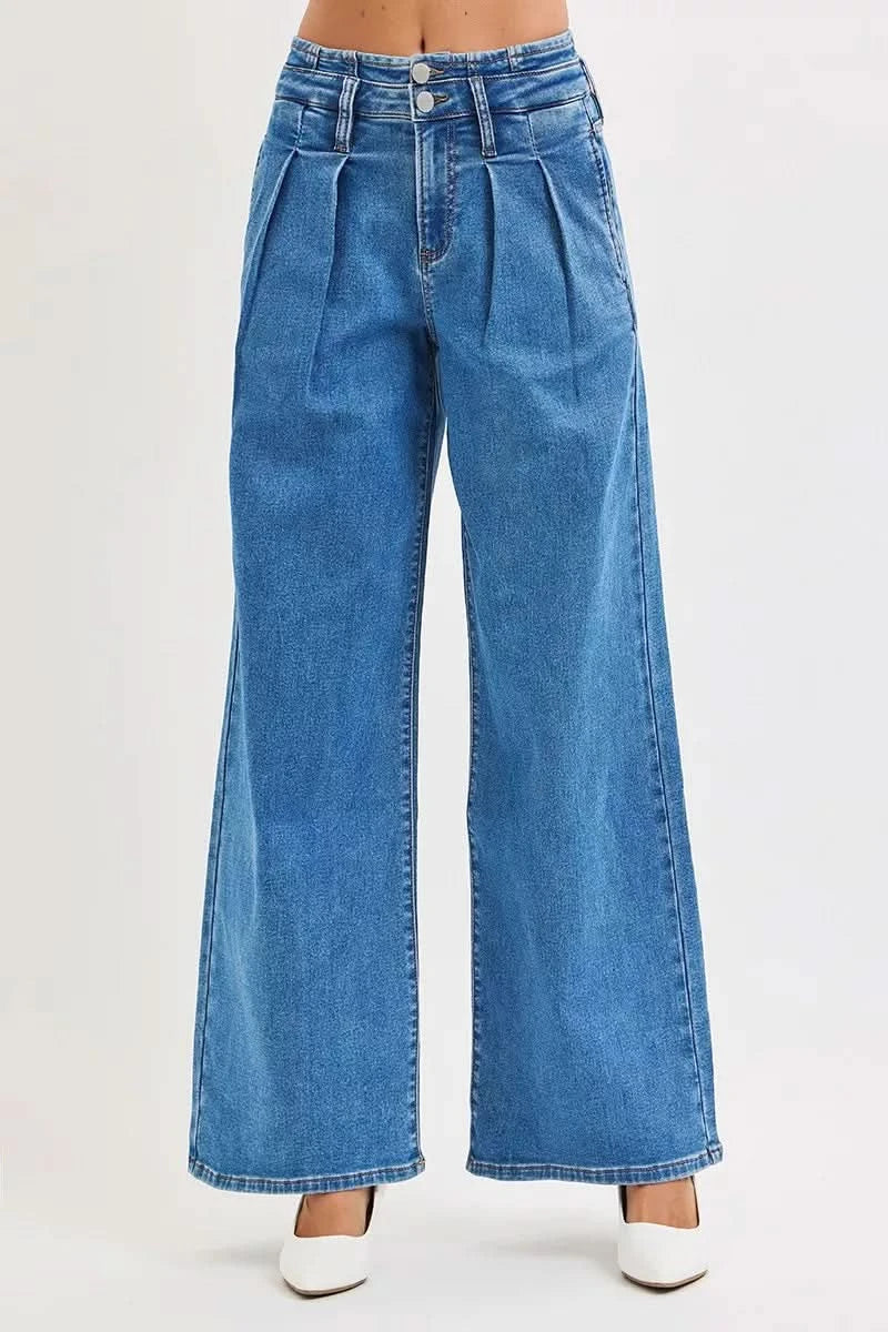 RISEN Plus Size Mid Rise Wide Leg Jeans With Pleated Detail For Flattering All Day Comfort Full Size