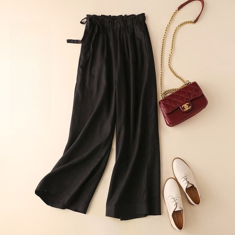 High-Waisted Wide-Leg Cropped Trousers in Cotton-Linen Blend
