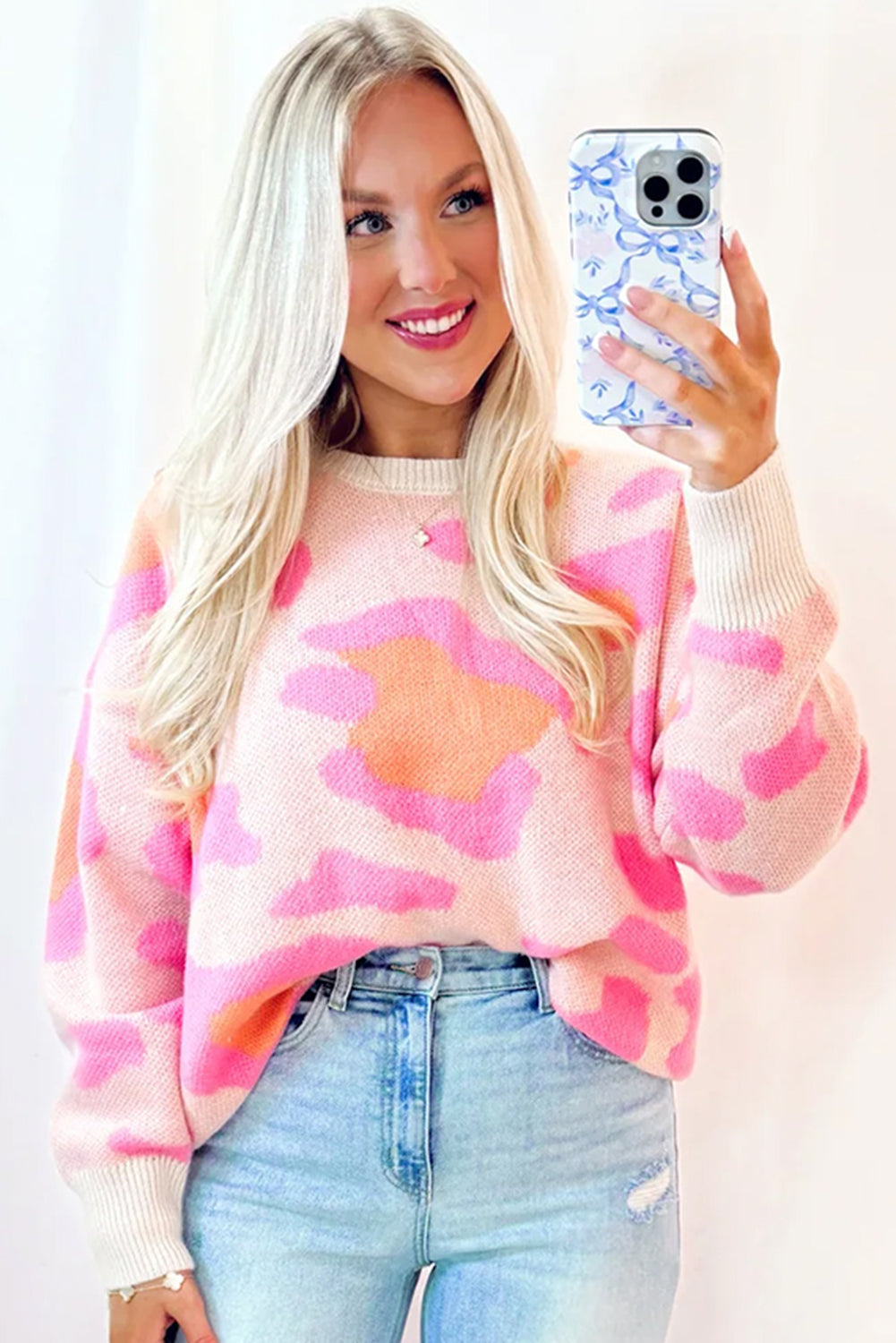 Sachet Pink Cheetah Colorblock Sweater Long Sleeve Cozy