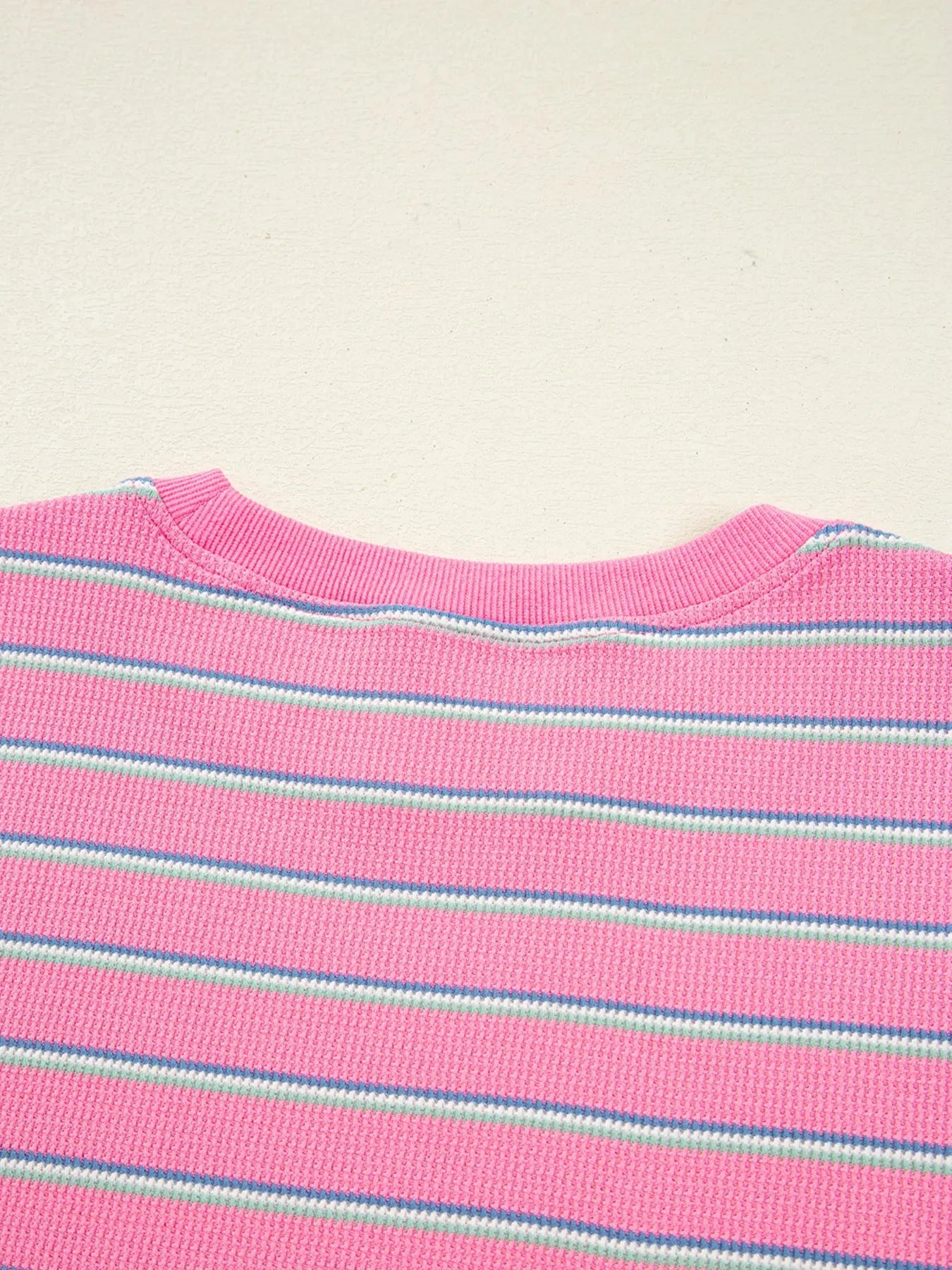 Striped Round Neck Textured Knit Long Sleeve Top