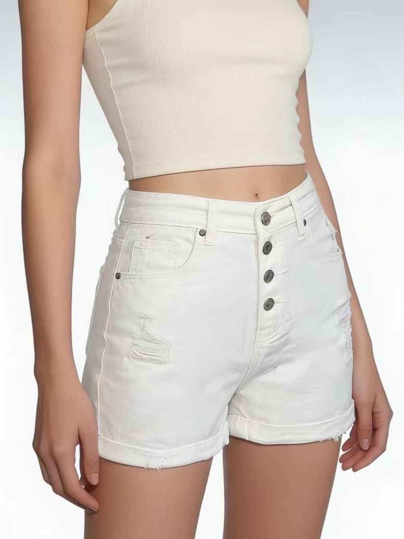High-Waisted Button-Fly Distressed Denim Shorts