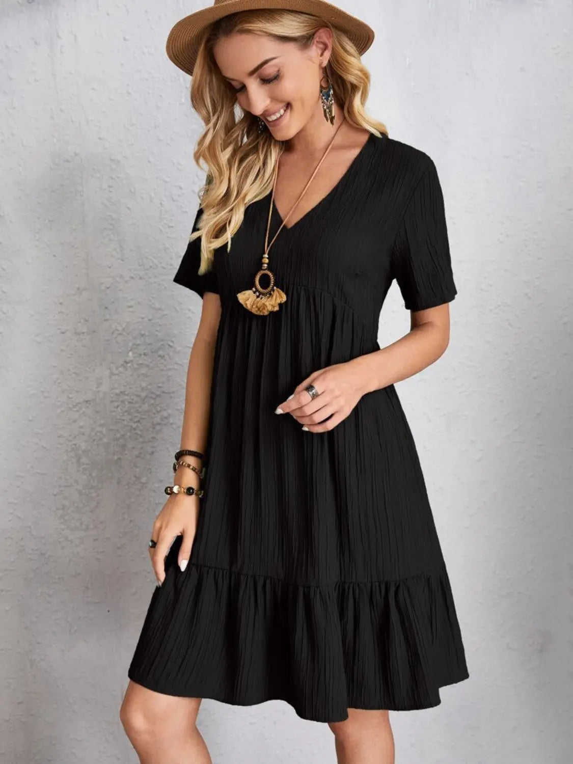 Boho Textured V-Neck Short Sleeve Babydoll Dress