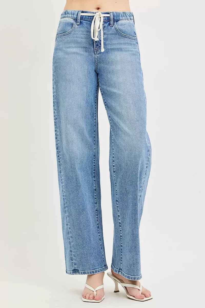 Light Wash Relaxed Fit Drawstring Waist Jeans by Risen