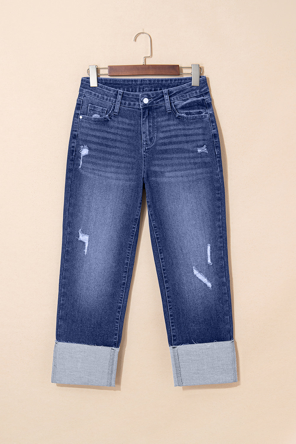 Jacy Cuffs Distressed Straight High Waist Jeans