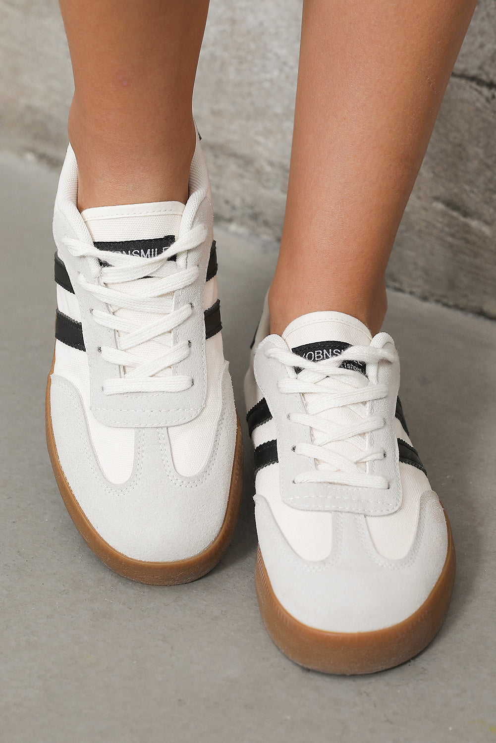 White Striped Lace Up Flat Sneakers For Everyday Comfort