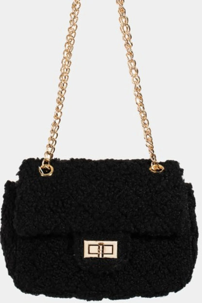 Fame Faux Fur Rectangle Crossbody Bag With Gold Turn Lock