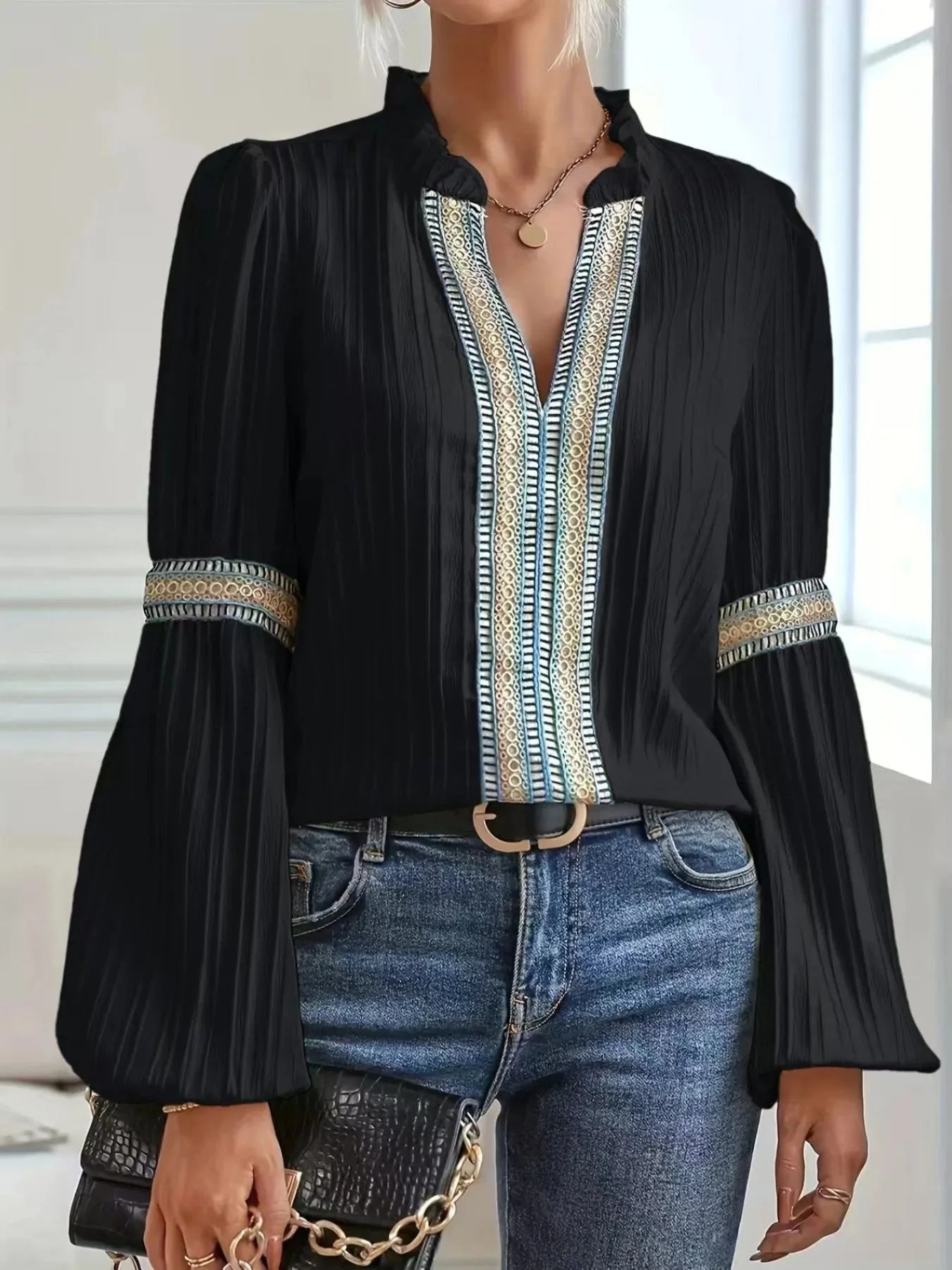 Textured Notched Balloon Sleeve Elegant Blouse