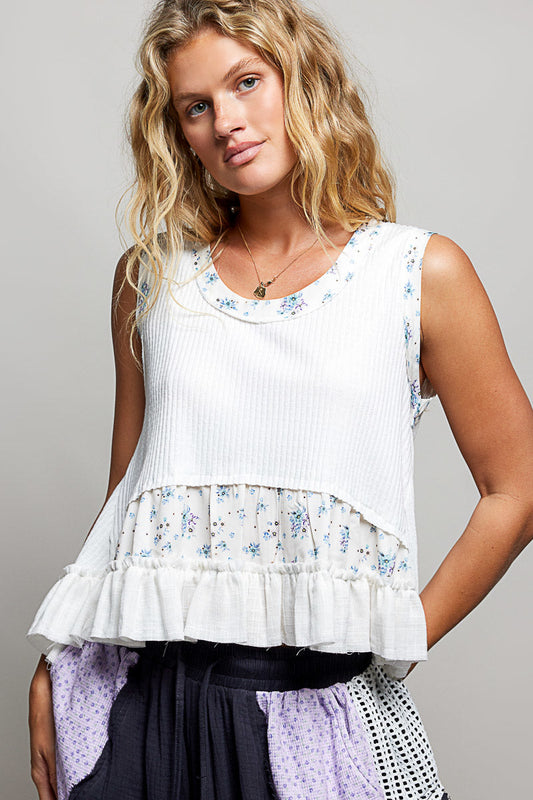 POL Floral Print Patche Round Neck Ribbed Tank with Double Gauze Ruffle Accents
