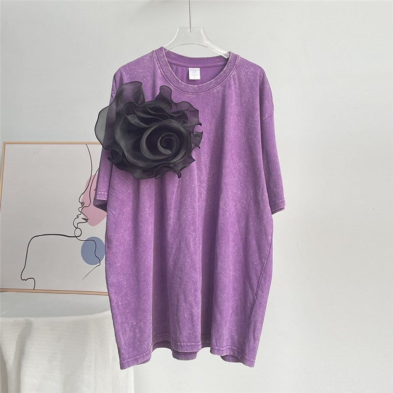 Water-Dyed Solid Color Cotton T-Shirt with Waxed Finish