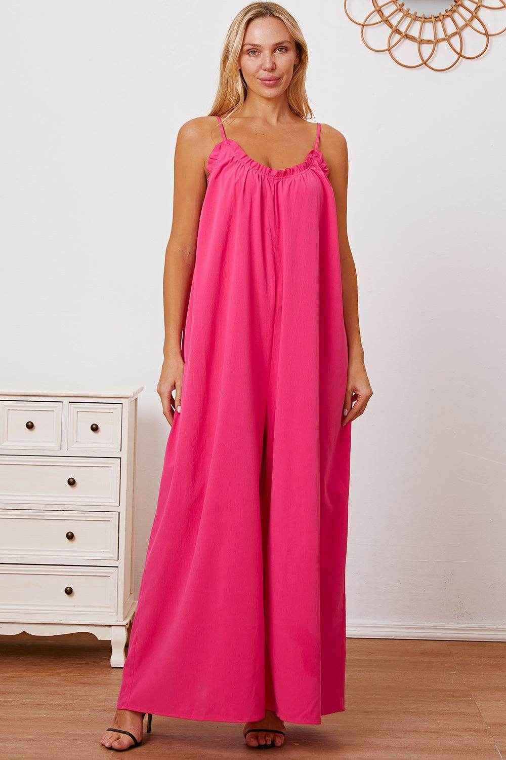 Double Take Full Size Ruffle Trim Tie Back Cami Jumpsuit