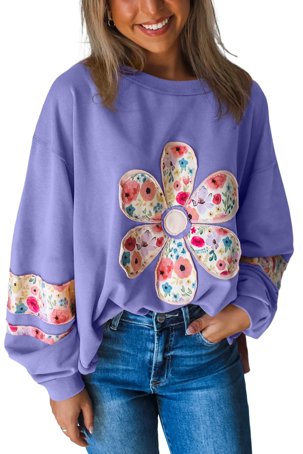 Wisteria Flower Applique Patchwork Drop Sleeve Pullover Sweatshirt