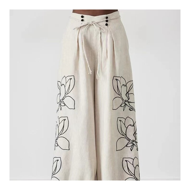 Printed Cotton Linen Wide-Leg Pants Set