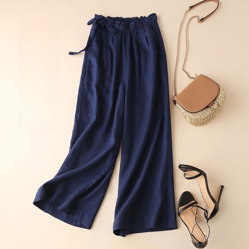 High-Waisted Wide-Leg Cropped Trousers in Cotton-Linen Blend