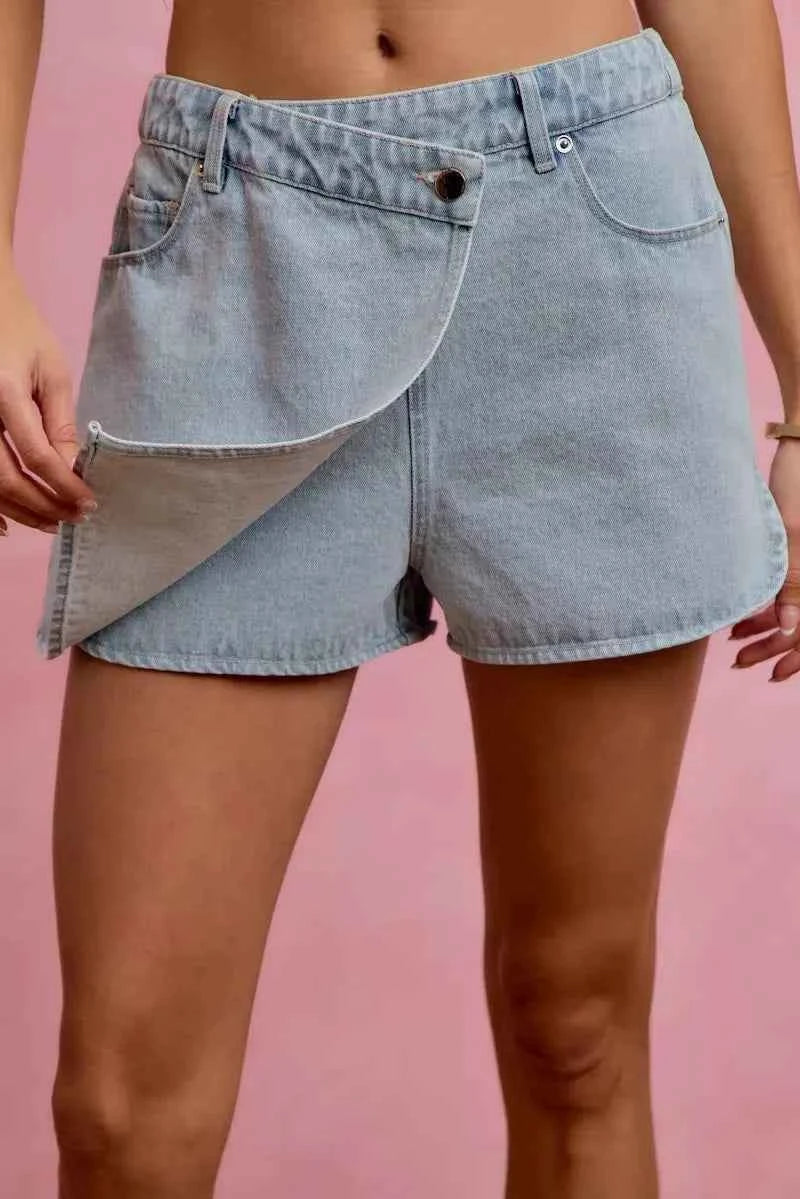 Light Washed Vintage Finish Denim Wrap Skort by So Me