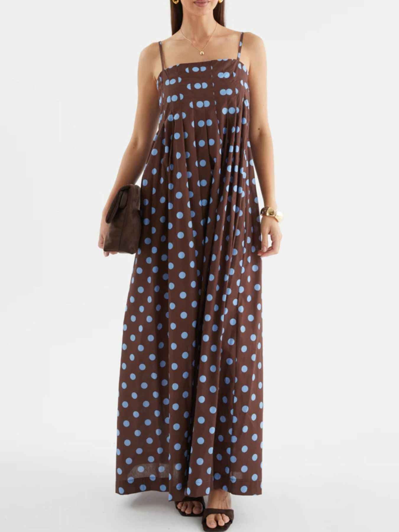 Polka Dot Pleated Detail Maxi Dress