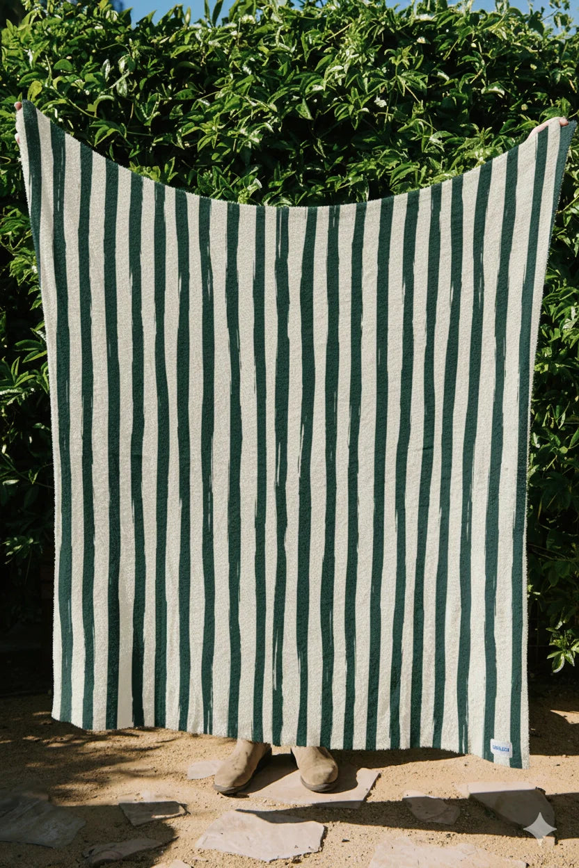Stripe Plush Throw -Evergreen & Cream