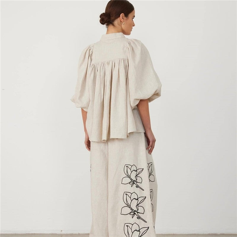 Printed Cotton Linen Wide-Leg Pants Set