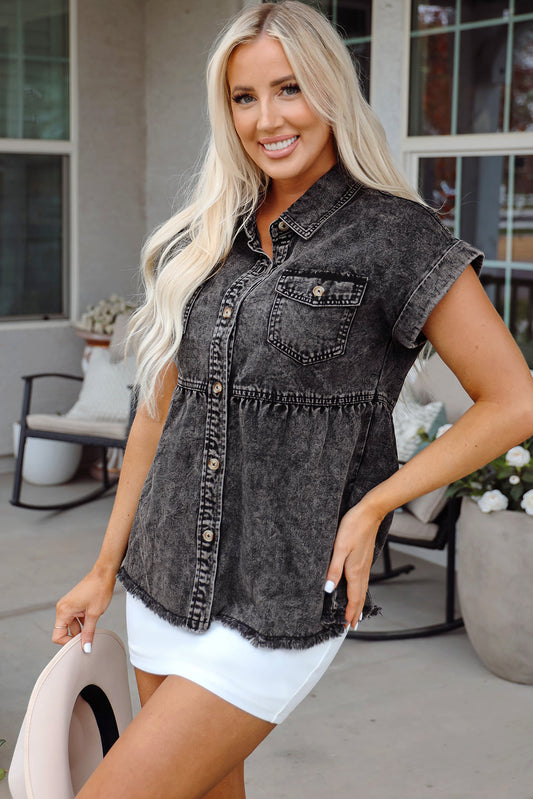 Distressed Black Denim Flap Pocket Button Up Raw Hem Shirt