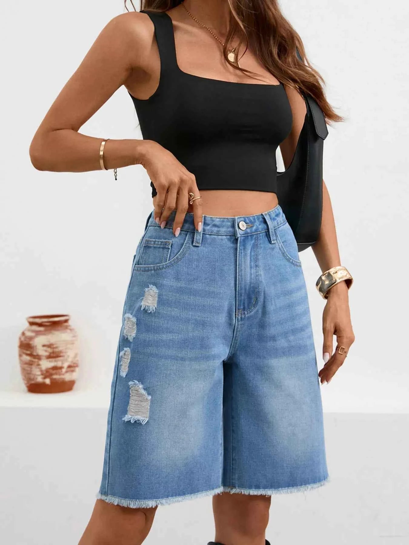 Ripped Frayed Hem Denim Shorts