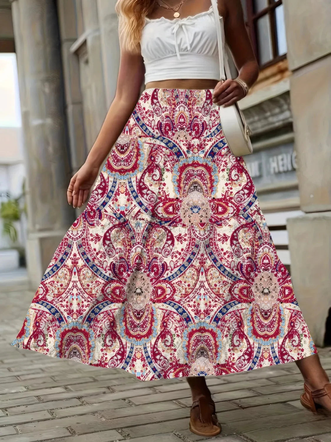 Smocked High Waist Maxi Boho Skirt – Printed Flowy Summer Skirt