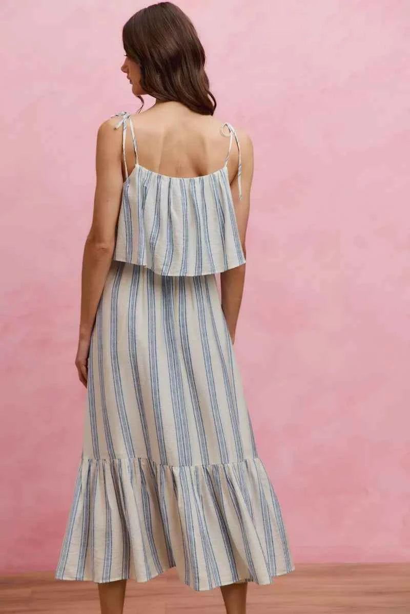 SO ME Stripe Tiered Shoulder Tie Midi Lined Dress