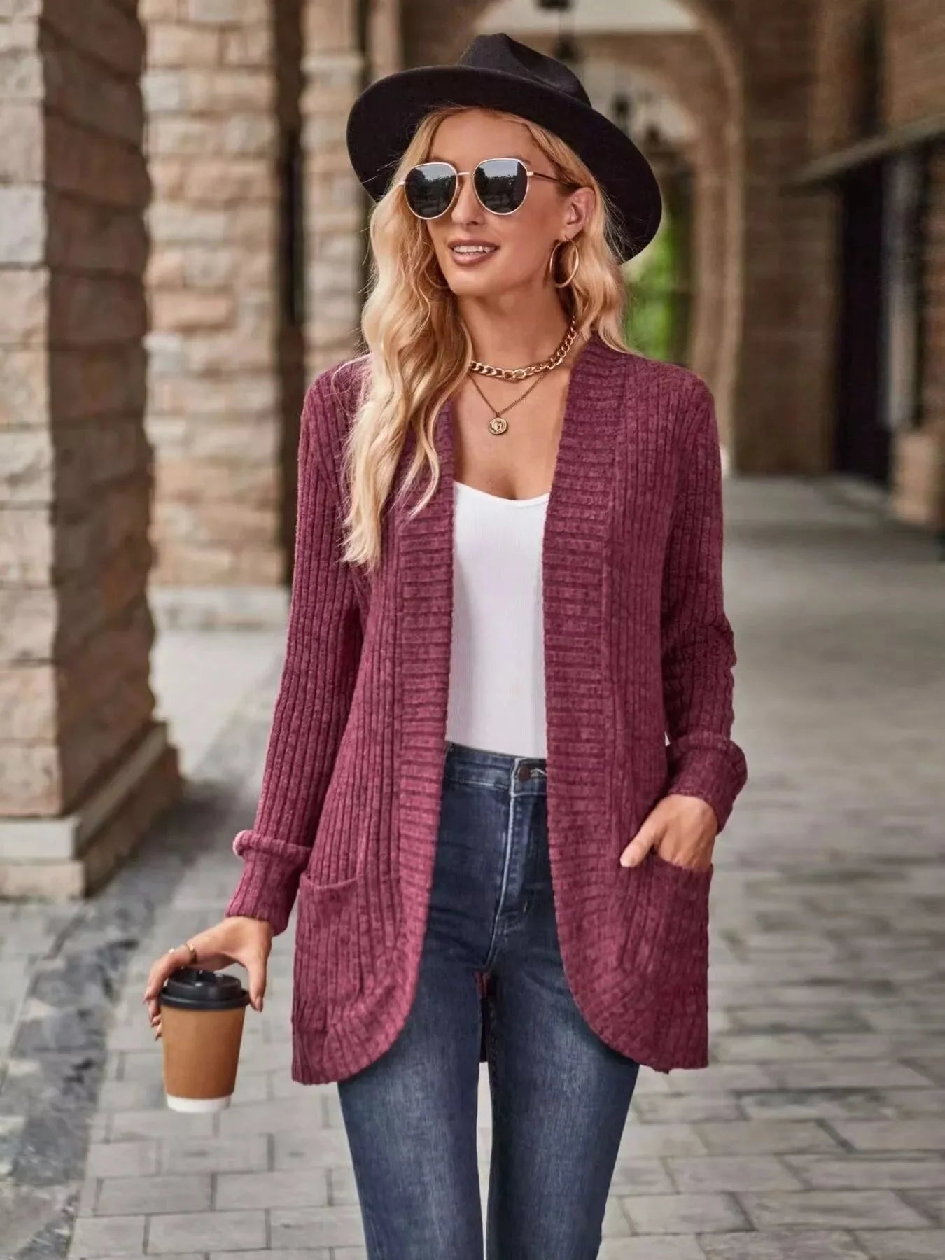 Ribbed Knit Open Front Cardigan