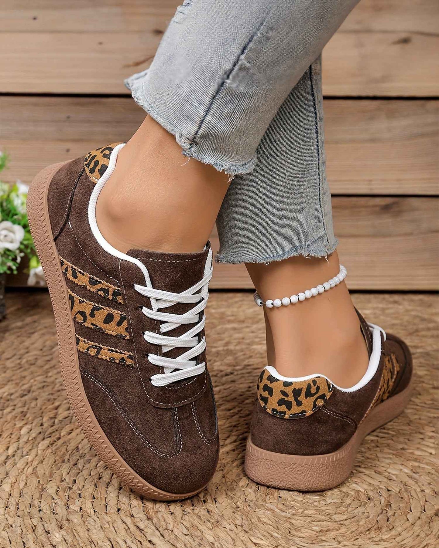 Coffee Contrast Lace-up Leopard Patchwork Detail Shoes