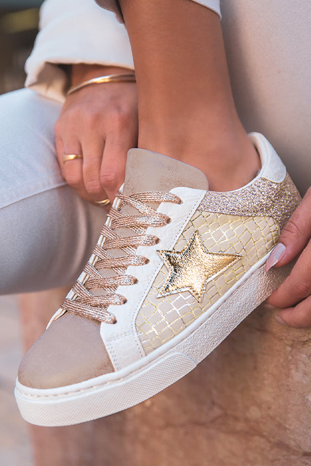 Gold Glitter Star Patchwork PU Leather Lace Up Sneakers