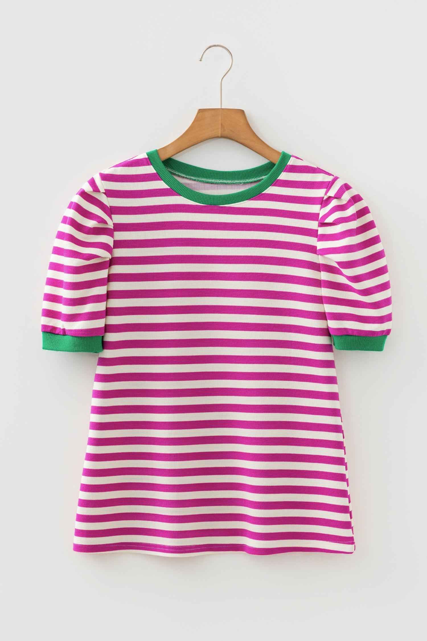 Kimberly Stripe Short Puff Sleeve Contrast Trim Round Neck Tee