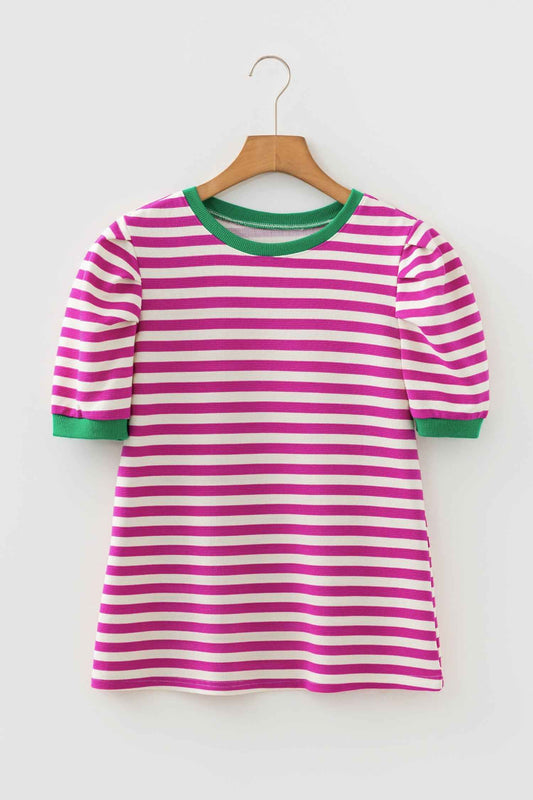 Kimberly Stripe Short Puff Sleeve Contrast Trim Round Neck Tee