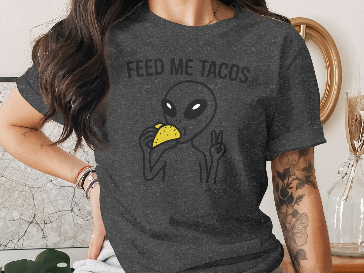 Feed Me Tacos Alien with Peace Sign Funny T-Shirt