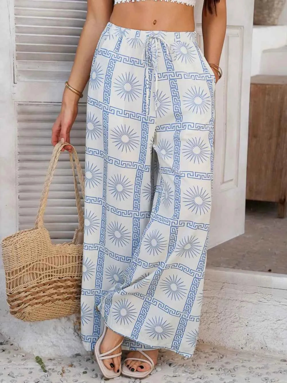 Devine Drawstring Printed Wide Leg Pants