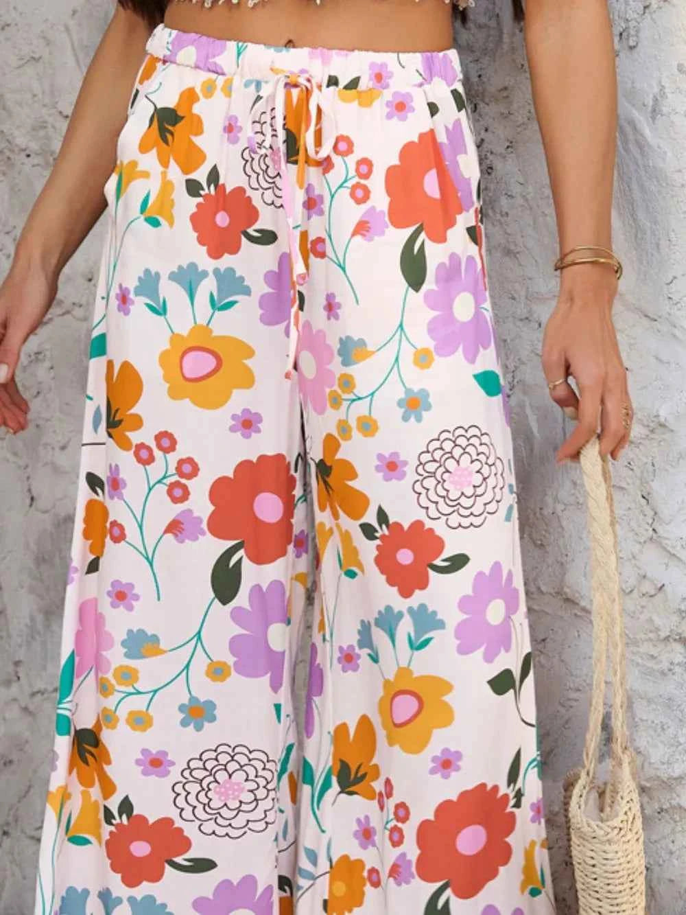 Devine Drawstring Printed Wide Leg Pants